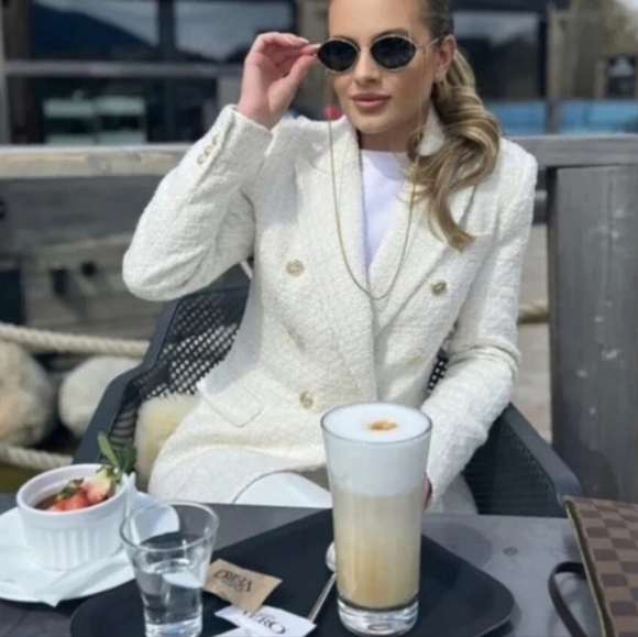 Zara cream tweed Double-Breasted Blazer - Picture 4 of 11